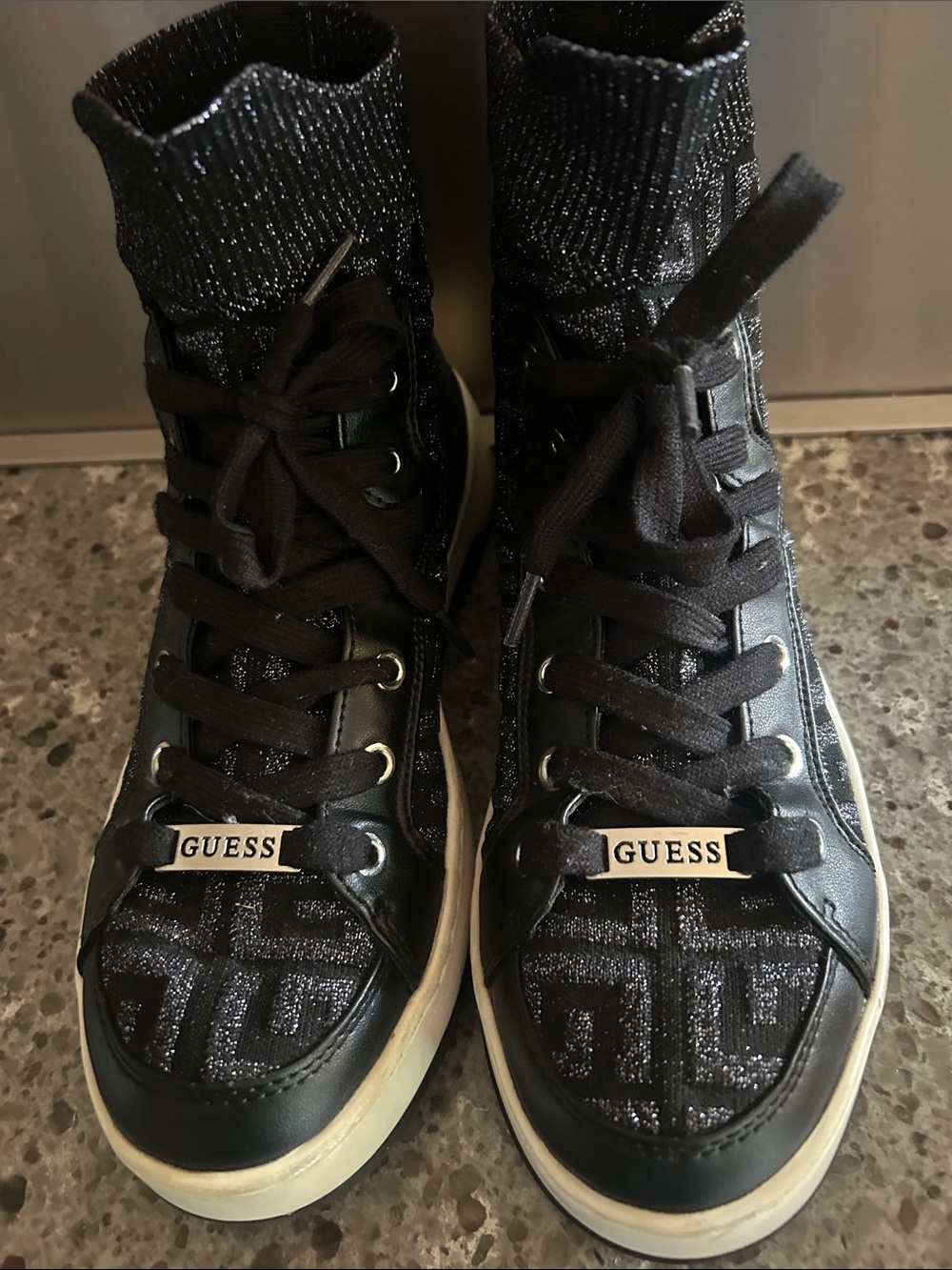 GUESS Black Knit High-Top Logo Sneakers with Silver Accents - Picture 2 of 6